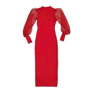 Lyaner Women's Red Polyester/Spandex Sheer Organza Puff Long Sleeves Bodycon Dre